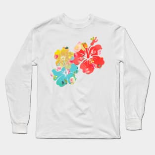 PixDezines Hibiscus in Coral Orange, Yellow+Aqua Long Sleeve T-Shirt